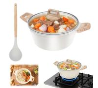 Classic Cookware 24cm Saucepan,5L Soup Pots with Glass Lid & Spatula,Non-Stick Cool Touch Wooden Handle for Bread Baking Braising Stews Roasting,Compatible with All Hobs,Cream White