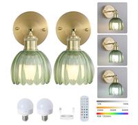 Classic Cordless Wall Sconces Battery Operated Gold Wall Lights Rechargeable Green Tulip Glass Shade with Remote Dimmable Wall Lighting in