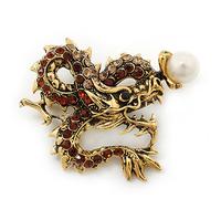 Classic Crystal Chinese Dragon Brooch With Simulated Pearl In Burn Gold Metal (Light Citrine/Smokey Topaz Coloured) - 50mm Width