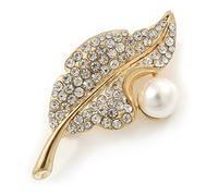Classic Crystal, Pearl Leaf Brooch In Gold Plating - 50mm L