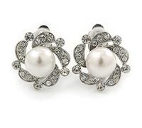 Classic Crystal Simulated Pearl Clip On Earrings/Silver Plating/ 20mm D