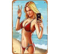 Classic Decor Poster Game GTA 5 Beach Girl Game Poster Tin Sign Wall Decor Funny Retro Bar Coffee Pub Gift Wall Decor Sign 8x12 Inch