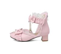 Classic Elegant Cute Spring Summer Women High Heels Mary Jane Pumps Party Wedding White Pink Black Pearl Necklace Bow Princess Cosplay Lolita Shoes, Pink, 7 UK