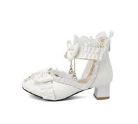 Classic Elegant Cute Spring Summer Women High Heels Mary Jane Pumps Party Wedding White Pink Black Pearl Necklace Bow Princess Cosplay Lolita Shoes, White, 2/2.5 UK