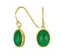 Classic Elegant Green Jade Bezel Set Oval Cabochon Gemstone Drop Earrings For Women Gold Plated .925 Sterling Silver Wire Fish Hook