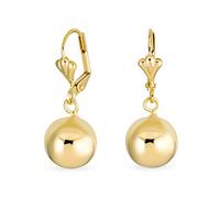 Classic Elegant Simple Round Light Weight Dangle Lever Back Drop Ball Earrings For Women Polished Yellow Gold Plated Brass 12MM