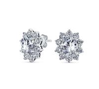 Classic Estate Vintage Style Crown AAA CZ Halo Oval Clear Cubic Zirconia Stud Earrings For Women Silver Plated Brass
