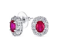 Classic Estate Vintage Style Crown AAA CZ Halo Oval Red Cubic Zirconia Stud Earrings For Women Simulated Ruby Silver Plated Brass