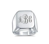 Classic Executive Geometric Simple Large Rectangle Personalize Initial Monogram Signet Ring For Men Polished Shine .925 Sterling Silver Custom Engraved