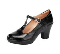 Classic Fashion Comfortable Patent Leather Shoes for Women Mary Janes Spring T Strip Platform Pumps Block High Heels for Office Mom Dance Shoes, black, 6 UK