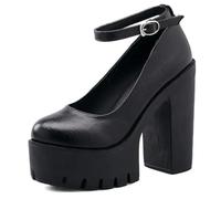 Classic Fashion Cute Womens Platform Chunky High Heels Ankle Buckle Strap Round Toe Non-Slip Dress Pumps Mary Jane Lolita Pumps Punk Style, Black shoes, 5 UK