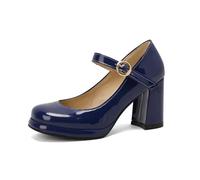 Classic Fashion PU Patent Leather Green Navy Closed Toe Mature Women's Office Pumps Buckle Strap Vintage Women's Mary Janes Shoes Block Heels, blue, 2/2.5 UK
