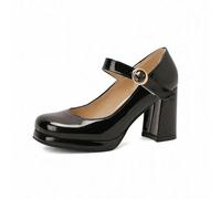 Classic Fashion PU Patent Leather Green Navy Closed Toe Mature Women's Office Pumps Buckle Strap Vintage Women's Mary Janes Shoes Block Heels, black, 2/2.5 UK