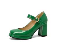 Classic Fashion PU Patent Leather Green Navy Closed Toe Mature Women's Office Pumps Buckle Strap Vintage Women's Mary Janes Shoes Block Heels, Green, 8.5 UK