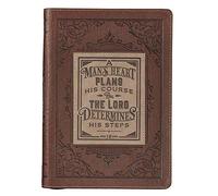 Classic Faux Leather Journal a Man's Heart Proverbs 16:9 Bible Verse Brown Inspirational Notebook, Lined Pages W/Scripture, Ribbon Marker, Zipper Closure