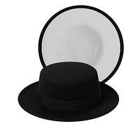 Classic Fedora Hat Two Tone Flat Top Hat with Band Wide Brim Pork Pie Hat Adjustable Patchwork Colors Panama Hat, Black-White|Black Band, Medium