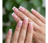 Classic French Tip Square Artificial Nails with Glossy Pink Base & 3D Floral Accents - 24Pcs Press On False Nails Manicure Kit for Elegant Everyday Wear, Wedding Guests & DIY Home Application
