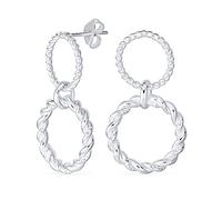 Classic Geometric Round Dangle Stud Twist Cable Two Double Open Circle Door Knocker Hoop Earrings For Women .925 Sterling Silver