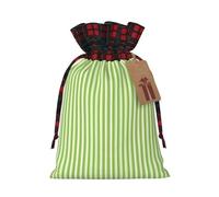 Classic Green Striped Print Christmas Imitation Burlap Gift Bag With Drawstring And Gift Tag,For Wrapping Candies