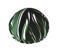 Classic Green Striped Reusable Shower Cap,Double Layer Water Shower Non Wetting Hair Cap,Large Size For All Hair Lengths