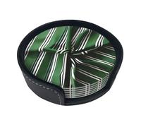 Classic Green Striped Round PU Leather Coaster, Heat-Resistant, fit for Protecting Family and Office Dining Tables
