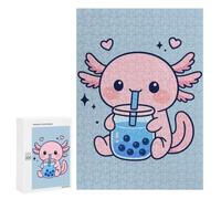 Classic Jigsaw Puzzle, 300 PCS, Featuring Cute Axolotl Poster, Pink Cartoon Axolotl Drinking Bubble Tea, Whimsical Animal, Shared Puzzle Time for Family And Friends, for Indoor Play