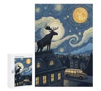 Classic Jigsaw Puzzle, 300 PCS, Featuring Moose on Rooftop Under Starry Night Sky, A Rewarding Pastime for Dedicated Jigsaw Fans, for Family Fun