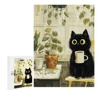 Classic Jigsaw Puzzle, 500 PCS, Featuring Morning Ritual - Black Cat with A Cup, Shared Puzzle Time for Family And Friends, for Indoor Play