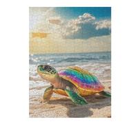 Classic Jigsaw Puzzle for Adults, Rainbow Sea Turtle on Beach, 500 PCS