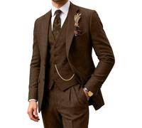 Classic Men Suit Regular Fit 3 Piece Tweed Herringbone Wool Jacket Tuxedos Wedding Grooms Blazer Vest Pants for Wedding, Dark Brown, XS
