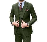 Classic Men Suit Regular Fit 3 Piece Tweed Herringbone Wool Jacket Tuxedos Wedding Grooms Blazer Vest Pants for Wedding, Green, M