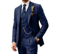 Classic Men Suit Regular Fit 3 Piece Tweed Herringbone Wool Jacket Tuxedos Wedding Grooms Blazer Vest Pants for Wedding, Navy Blue, 3XL