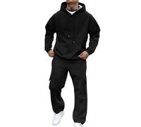 Classic Mens 2 Piece Outdoor Sport Tracksuit Fleece Lined Solid Color Sweatshirt Elastic Waist Cargo Pants Fashion Casual Sweatsuits Full Set Black XL
