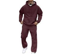 Classic Mens 2 Piece Outdoor Sport Tracksuit Fleece Lined Solid Color Sweatshirt Elastic Waist Cargo Pants Fashion Casual Sweatsuits Full Set Wine L