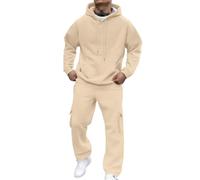 Classic Mens 2 Piece Outdoor Sport Tracksuit Fleece Lined Solid Color Sweatshirt Elastic Waist Cargo Pants Fashion Casual Sweatsuits Full Set Beige L