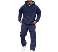 Classic Mens 2 Piece Outdoor Sport Tracksuit Fleece Lined Solid Color Sweatshirt Elastic Waist Cargo Pants Fashion Casual Sweatsuits Full Set Navy S