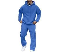 Classic Mens 2 Piece Outdoor Sport Tracksuit Fleece Lined Solid Color Sweatshirt Elastic Waist Cargo Pants Fashion Casual Sweatsuits Full Set Blue XXXL