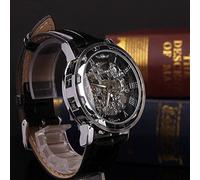Classic Men's Black Leather Dial Skeleton Mechanical Sport Wrist Watch Digital Watch Thin (Black, One Size)