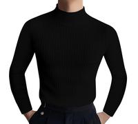 Classic Men's Round Neck Casual Loose T-Shirt Men's Casual and Fashionable Solid Color Knitted High Neck Water Ripple Long Sleeved T Shirt Pack of Turtle Neck Top for Men (Black, XXL)