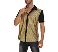 Classic Men's Sequin Shirts, Sparkly Short Sleeve Lapel Collar Button Shirt, Relaxed Fit Smooth Soft Outwear, Disco Party Costume for Prom Wedding Spring Summer Occasion (Yellow, S)