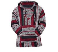 Classic Mexican Baja Hoodie Sweater Pullover, Red/Black Stripe, L