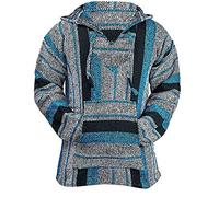 Classic Mexican Baja Hoodie Sweater Pullover, Turquoise /Black Stripe, XL