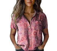 Classic Modern Hawaiian-Shirt for Women Front-Pocket Casual Aloha-Shirts Floral-Border-Prints Women's Tropical Blouse Button Down Short Sleeve Summer Beach Shirts Funky Shirt Hawaiian Blouse Pink