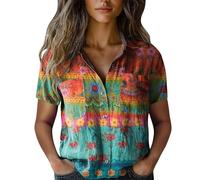 Classic Modern Hawaiian-Shirt for Women Front-Pocket Casual Aloha-Shirts Floral-Border-Prints Women's Tropical Blouse Button Down Short Sleeve Summer Beach Shirts Funky Shirt Hawaiian Blouse