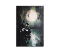 Classic Moonlit Lake Wall Art, Vintage Textured Relief Black Swan Hanging Paintings Poster, Romantic Dark Gothic Bird Art Print for Bedroom Stylish Home Wall Or 16x24inch(40x60cm)