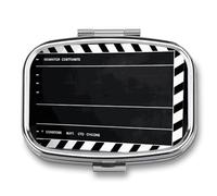 Classic Movie Clapboard BlackPill Organizer with Mirror, 2 Compartment Metal Travel Pill Case, Weekly Medicine Container for Daily Meds, Compact & Artistic Design for Purse, Pocket, Or Wallet