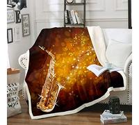 Classic Music Fleece Throw Blanket Golden Saxophone Kids Boys Jazz Funky Notes Design Plush Blanket Musical Instrument Luxury for Sofa Bed,Single 50x60 Inch