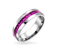 Classic October Birth Month Dark Pink Crystal Eternity Band Ring in Silver Toned Stainless Steel