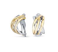 Classic Open Criss Cross Twist Wire Two Tone Celtic Knot Weave Wide Half Hoop Clip On Earrings for Women Non Pierced Ears Gold Silver Plated