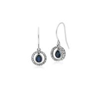 Classic Pear Sapphire & Marcasite Round Halo Drop Earrings in Sterling Silver